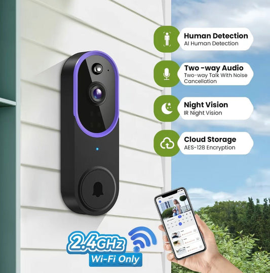 Wireless Video Doorbell Camera, Smart Security Doorbell Camera, 1080P, AI Human Detection , Night Vision, Instant Alert, Two Way Audio, 2.4G WiFi Only, Simple Installation and Rechargeable Battery, Cloud Storage, WiFi Camera - New Trendings